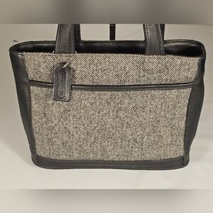 Rare Vintage Coach (6126) Black Leather and Cream Herringbone Tote